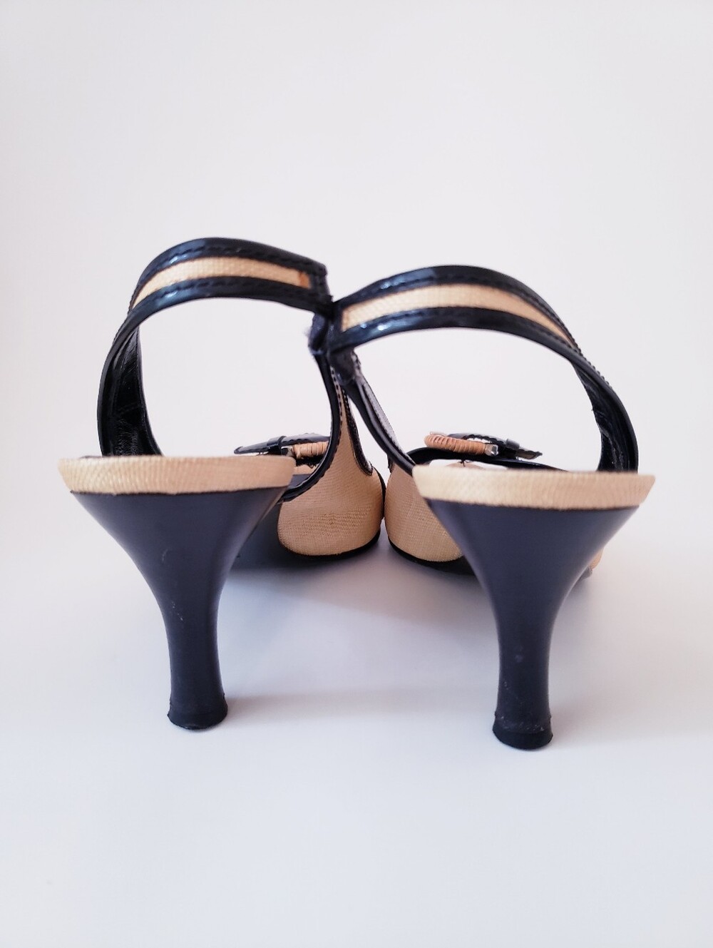 Vintage Salvatore Ferragamo light Tan And Black Slingback Peep-toe Heels - Picture 8 of 16